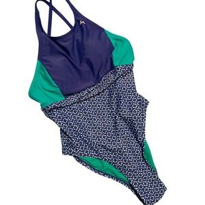 JoyLab Womens Colorblock Geometric One Piece Swimsuit Cross Back Blue Medium